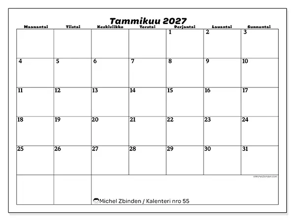 tulostettava kalenteri Tammikuu 2027 - Vapaa-ajan suunnittelu
