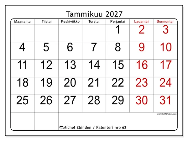 tulostettava kalenteri Tammikuu 2027 - Nopea yleiskuva