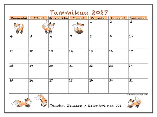tulostettava kalenteri Tammikuu 2027 - Kettukuvitus