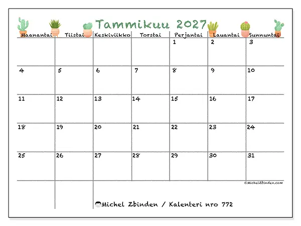 tulostettava kalenteri Tammikuu 2027 - Koristeelliset kaktukset