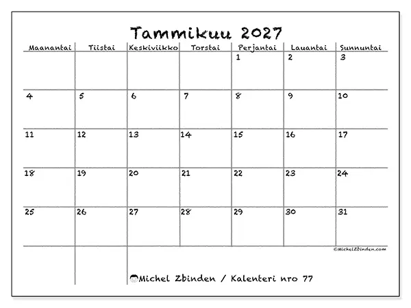 tulostettava kalenteri Tammikuu 2027 - Koulu ja perhe