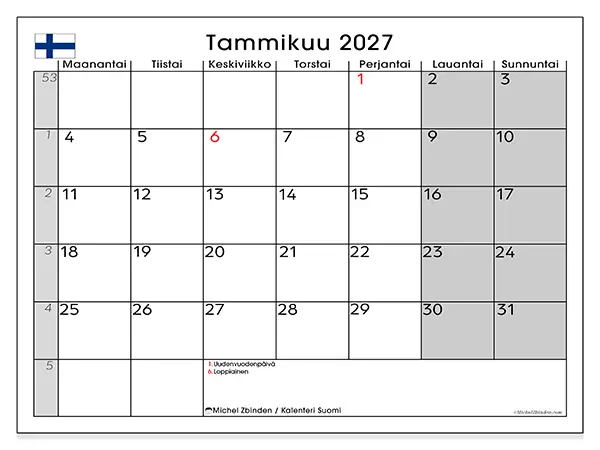 tulostettava kalenteri Tammikuu 2027 - Suomi