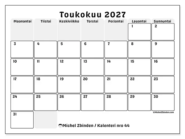 tulostettava kalenteri Toukokuu 2027 - Rakenteinen suunnittelu