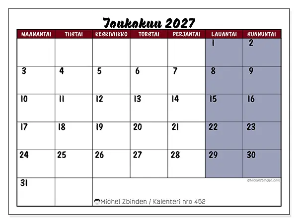 tulostettava kalenteri Toukokuu 2027 - Tehtävät väreissä