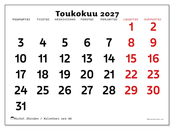 tulostettava kalenteri Toukokuu 2027 - Selkeä näkymä