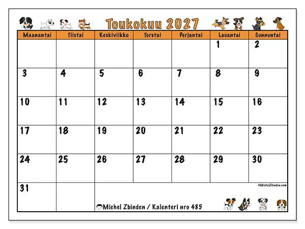 tulostettava kalenteri Toukokuu 2027 - Koirat