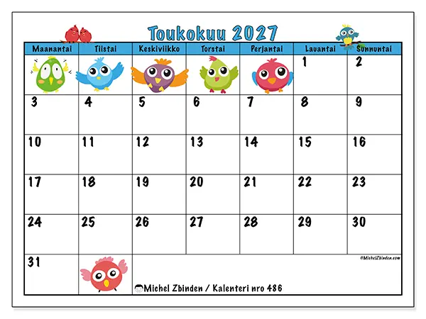 tulostettava kalenteri Toukokuu 2027 - Linnut