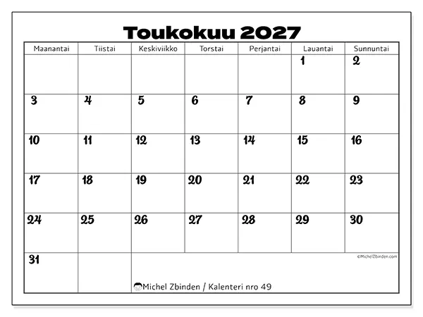 tulostettava kalenteri Toukokuu 2027 - Työn koordinointi