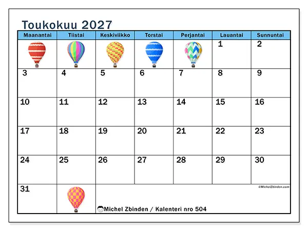 tulostettava kalenteri Toukokuu 2027 - Kuumailmapallot
