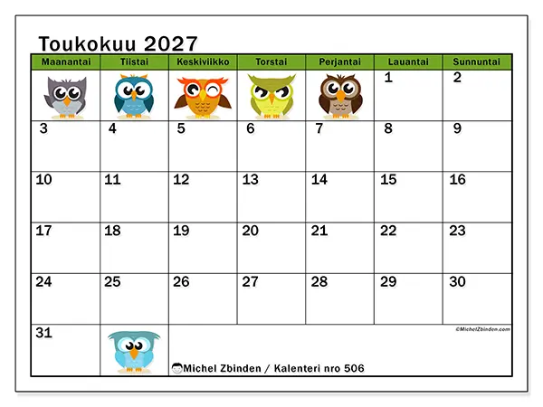 tulostettava kalenteri Toukokuu 2027 - Pöllöt