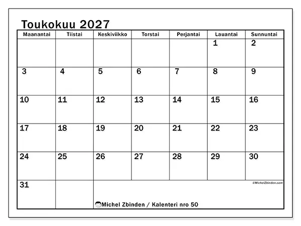 tulostettava kalenteri Toukokuu 2027 - Selkeä kuukausisuunnittelu