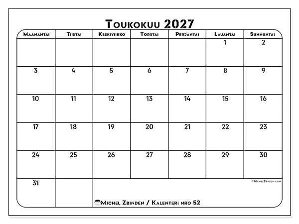 tulostettava kalenteri Toukokuu 2027 - Työn suunnittelu