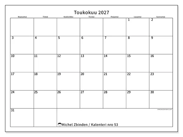 tulostettava kalenteri Toukokuu 2027 - Selkeä aikataulu
