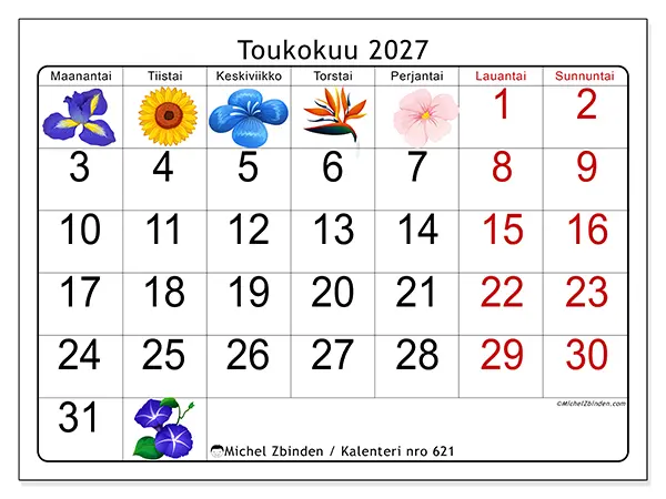 tulostettava kalenteri Toukokuu 2027 - Suuret kukat