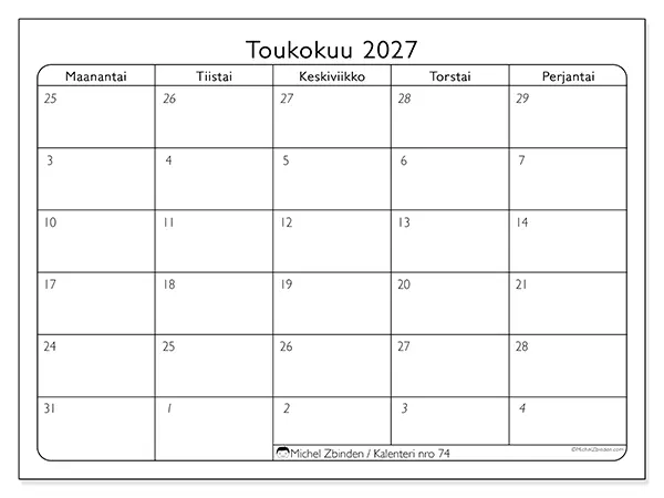 tulostettava kalenteri Toukokuu 2027 - Työpäivät