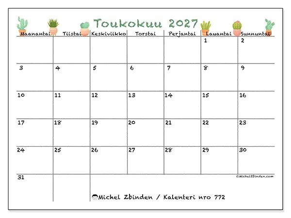 tulostettava kalenteri Toukokuu 2027 - Koristeelliset kaktukset