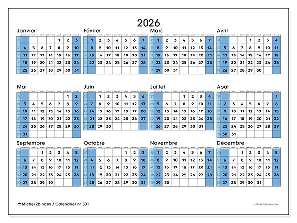Calendrier annuel 2026 à imprimer - Prêt pour l’université - Semaine du dimanche au samedi