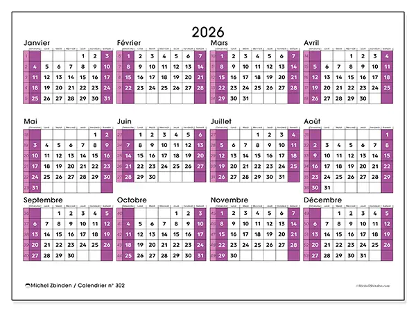 Calendrier annuel 2026 à imprimer - Bureau dynamique - Semaine du dimanche au samedi