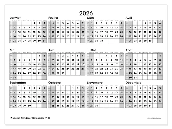 Calendrier annuel 2026 à imprimer - Organisation complète - Semaine du dimanche au samedi