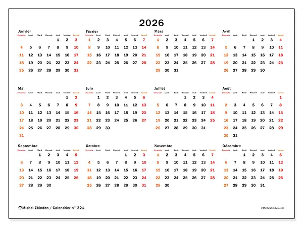Calendrier annuel 2026 à imprimer - Week-end à l’honneur - Semaine du dimanche au samedi