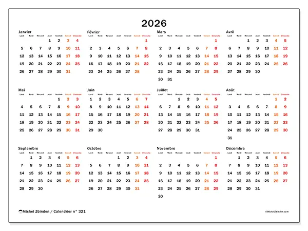 Calendrier annuel 2026 à imprimer - Week-end à l’honneur