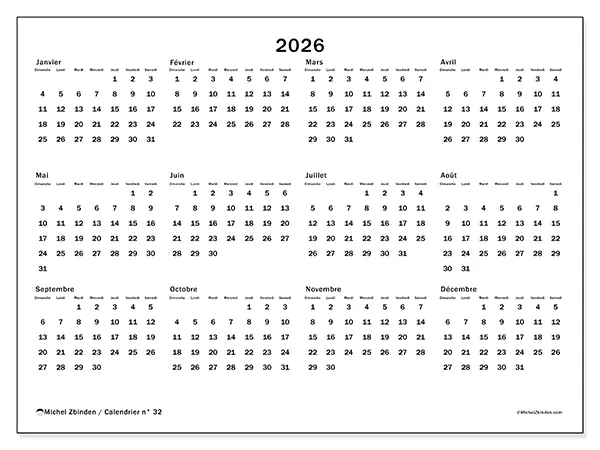Calendrier annuel 2026 à imprimer - Organisation globale - Semaine du dimanche au samedi