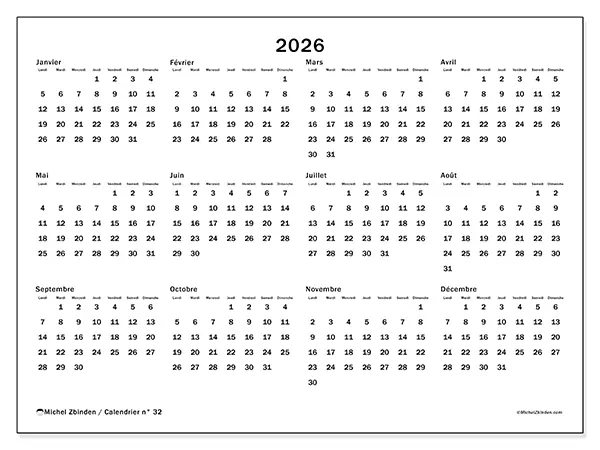 Calendrier annuel 2026 à imprimer - Organisation globale