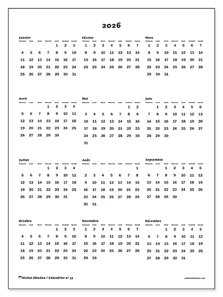Calendrier annuel 2026 à imprimer - Vue globale - Semaine du dimanche au samedi