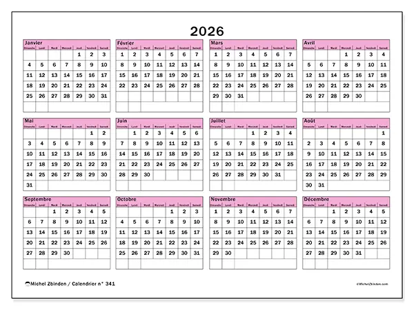 Calendrier annuel 2026 à imprimer - Planification et prévision - Semaine du dimanche au samedi