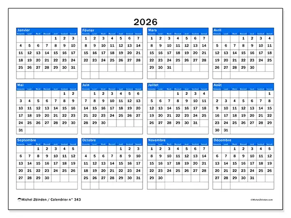 Calendrier annuel 2026 à imprimer - Vue stratégique - Semaine du dimanche au samedi