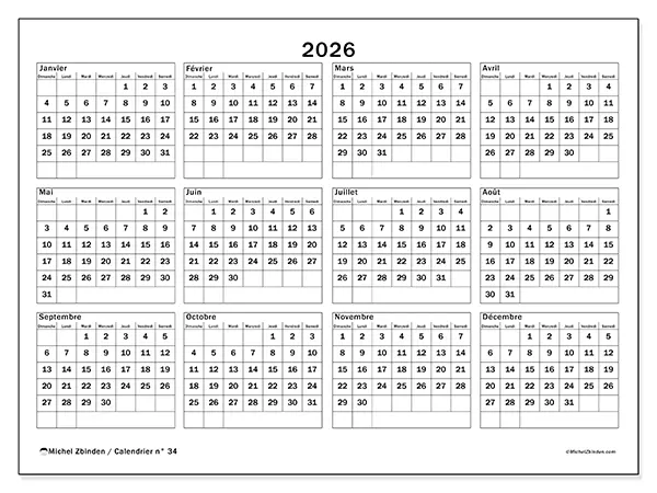 Calendrier annuel 2026 à imprimer - Vacances et loisirs - Semaine du dimanche au samedi