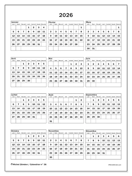 Calendrier annuel 2026 à imprimer - Fêtes de famille