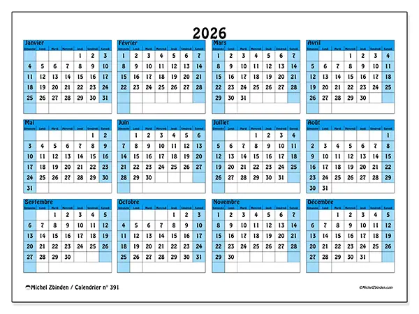 Calendrier annuel 2026 à imprimer - Organisation en couleur - Semaine du dimanche au samedi