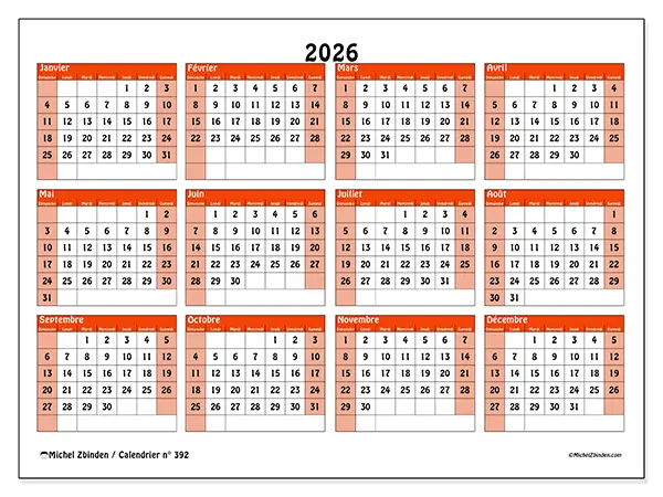 Calendrier annuel 2026 à imprimer - Planning coloré - Semaine du dimanche au samedi