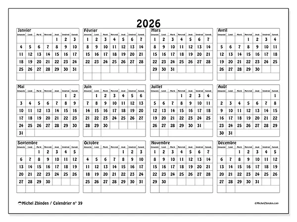 Calendrier annuel 2026 à imprimer - Écoles et études - Semaine du dimanche au samedi