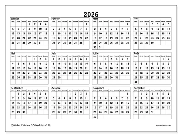 Calendrier annuel 2026 à imprimer - Écoles et études