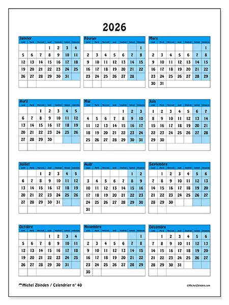 Calendrier annuel 2026 à imprimer - Organisation colorée