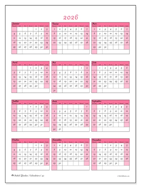 Calendrier annuel 2026 à imprimer - Douceur et charme - Semaine du dimanche au samedi