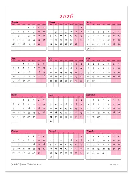 Calendrier annuel 2026 à imprimer - Douceur et charme