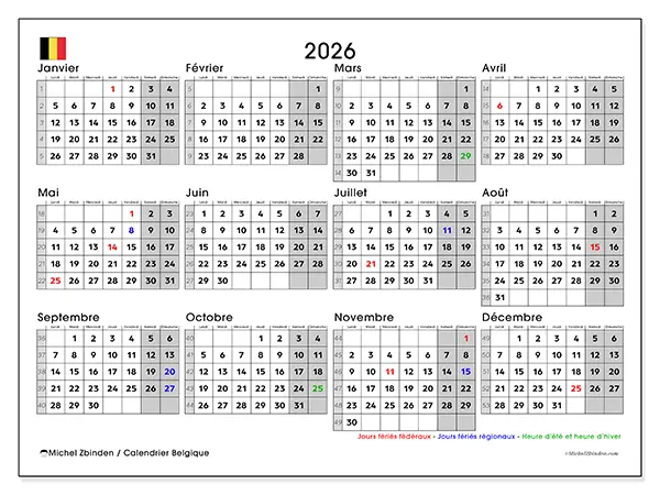 Calendrier annuel 2026 à imprimer - Belgique