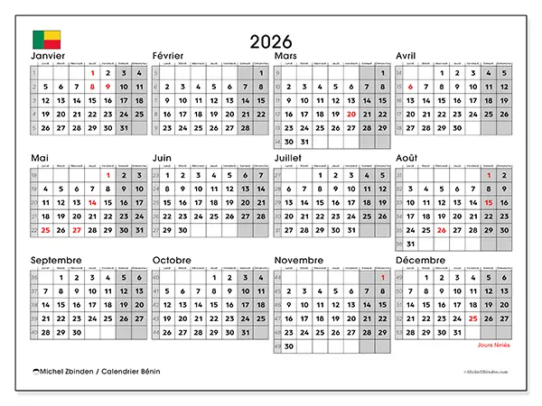 Calendrier annuel 2026 à imprimer - Bénin
