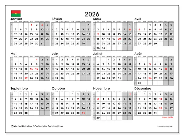 Calendrier annuel 2026 à imprimer - Burkina Faso