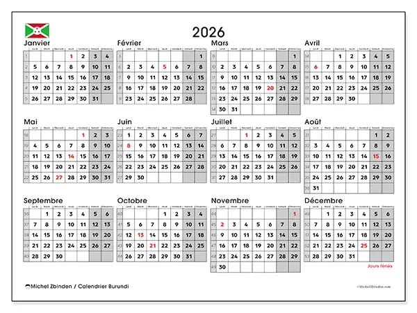 Calendrier annuel 2026 à imprimer - Burundi