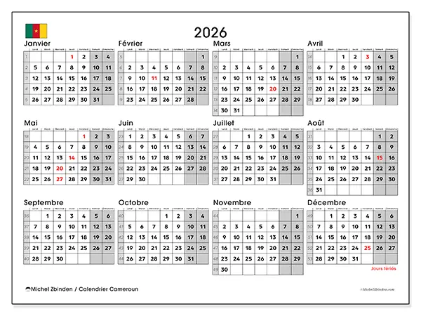 Calendrier annuel 2026 à imprimer - Cameroun