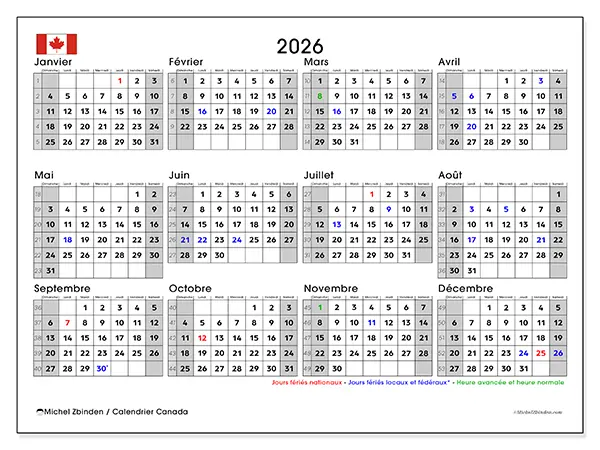 Calendrier annuel 2026 à imprimer - Canada
