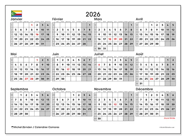 Calendrier annuel 2026 à imprimer - Comores