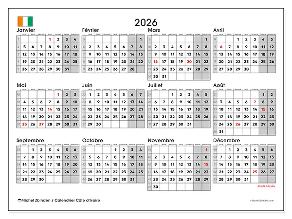 Calendrier annuel 2026 à imprimer - Côte d’Ivoire