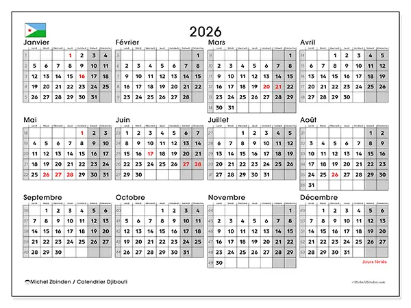 Calendrier annuel 2026 à imprimer - Djibouti