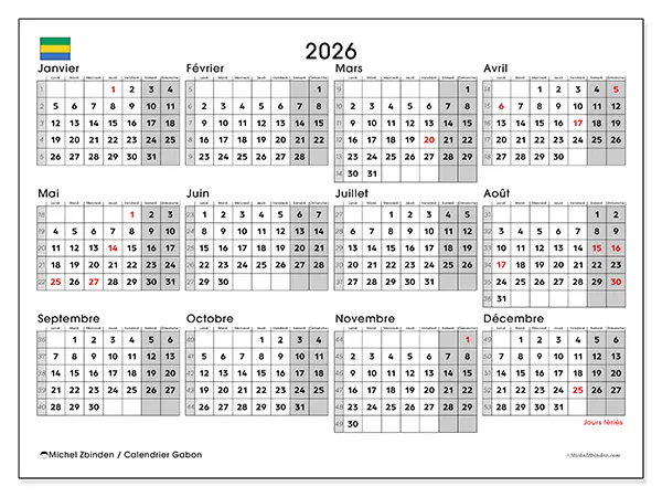 Calendrier annuel 2026 à imprimer - Gabon