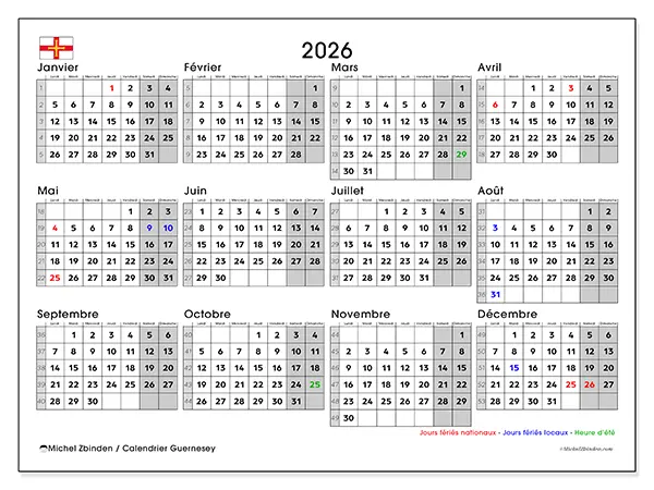 Calendrier annuel 2026 à imprimer - Guernesey